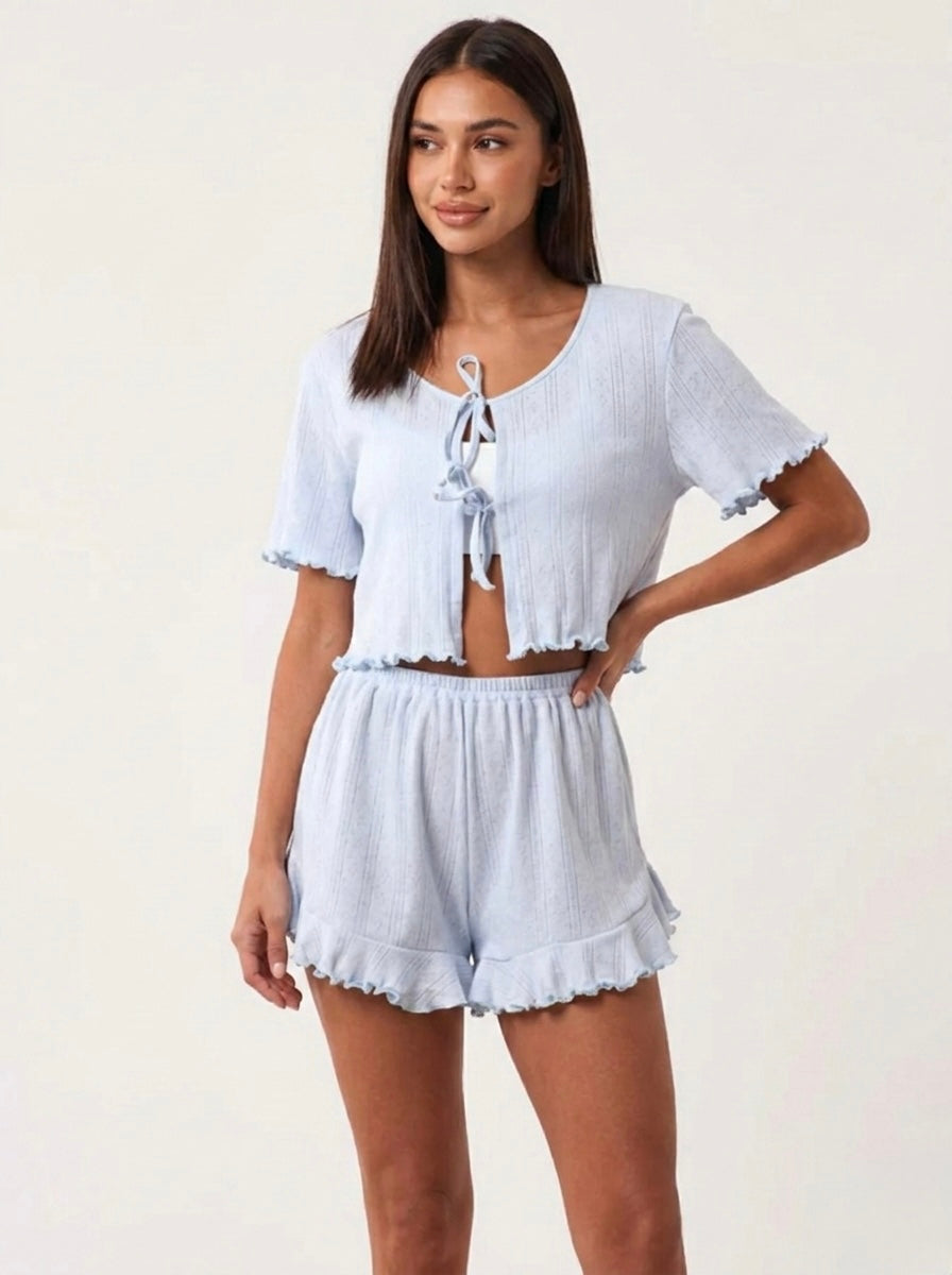Tie Front Top and Ruffled Hem Shorts Set